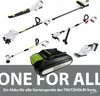 A collage of various garden tools and a battery pack, with a large text overlay. Produktbild-Vorschau
