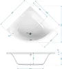 Technical drawing and top-down view of a corner bathtub with dimensions. Podgląd zdjęcia produktu