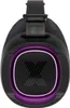 A close-up, front-facing view of a black portable speaker with a purple illuminated ring around the logo. Podgląd zdjęcia produktu