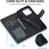 A black phone case is shown open, displaying its card slots and cash pocket. The case is designed to hold a phone and has a magnetic closure. Produktbild-Vorschau