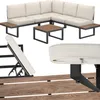 A collage of images showing a sectional outdoor furniture set, a coffee table, and close-ups of the cushions and frame.