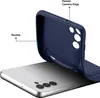 A dark blue phone case is shown being placed onto a silver smartphone. Produktbild-Vorschau