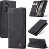 A collage of images showing a black flip phone case from different angles, including an open view showing cards and a phone screen. Produktbild-Vorschau