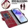 A red flip phone case with card slots is shown open, with a smartphone inside. Text overlays describe the RFID blocking feature. Produktbild-Vorschau