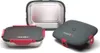 Three views of a gray electric lunchbox with red accents, shown on a white background. Produktbild-Vorschau