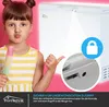A young girl holding an ice pop is shown next to a white chest freezer, with a close-up inset of the freezer's lock mechanism and a padlock icon. Produktbild-Vorschau