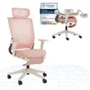 A pink ergonomic office chair is shown from the front, with a smaller, folded version of the same chair shown in the upper right corner. A certification badge is also visible. Náhled obrázku produktu