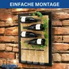 A wine rack mounted on a brick wall, holding four bottles of wine and several wine glasses. Produktbild-Vorschau