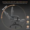 A gaming chair is shown in a reclined position with an extended footrest, illustrating its adjustable backrest feature. Text overlays describe its functionality and adjustable range. Produktbild-Vorschau