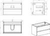 Technical drawings and a 3D render of a bathroom vanity cabinet. Voir les images du produit
