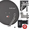 A collage of images showing a satellite dish, its mounting hardware, and a satellite receiver. Produktbild-Vorschau