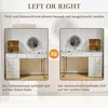 A split image showing a vanity table with options for placing the cabinet on the left or right side, with text in German. Voir les images du produit