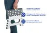 A person is holding a folded step stool. The image includes text overlays and icons explaining the product's features. Podgląd zdjęcia produktu