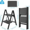 Diagrams and dimensions of a black folding step stool. Náhľad obrázku produktu