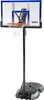 A portable basketball hoop with a clear backboard and black pole, shown against a white background. Produktbild-Vorschau