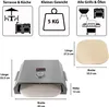 Collage of images showing a pizza oven, its dimensions, weight, and compatibility with grills and ovens. Produktbild-Vorschau