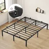 A black metal bed frame is shown on a wooden floor in a room. Produktbild-Vorschau