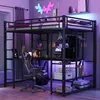 A loft bed with a desk and storage underneath, set up in a bedroom with purple ambient lighting. Podgląd zdjęcia produktu