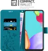 A teal wallet case for a smartphone is shown open, displaying card slots and a phone screen with a colorful wallpaper. Voir les images du produit