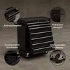 A black tool cart with multiple drawers, shown with close-up insets highlighting its features. Náhled obrázku produktu