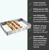 A stainless steel skewer holder with skewers of food on a white background, next to a dark gray panel with marketing text. Náhľad obrázku produktu