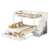 A white wooden bunk bed with a pull-out trundle bed, stairs with storage, and bedding. Podgląd zdjęcia produktu
