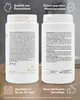 Two white product containers are shown side-by-side on a wooden surface, with text overlays and graphics providing product information. Produktbild-Vorschau