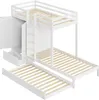 A white bunk bed with a pull-out trundle bed, a ladder, a small closet, and drawers. Produktbild-Vorschau