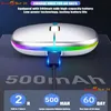 A white wireless mouse is shown charging, with colorful LED lights around its base. Text overlays highlight its features and battery life. Produktbild-Vorschau