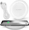 A white wireless charging pad with a smartphone on it, and a USB cable next to it. Produktbild-Vorschau