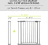 Diagram showing a safety gate with an extension and its dimensions. Voir les images du produit