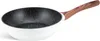 A white wok with a speckled black interior and a wooden handle, isolated on a white background. Produktbild-Vorschau