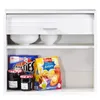 A white kitchen cabinet with two shelves. The top shelf has two white bowls. The bottom shelf has a box of cereal, two jars of jam, and a bag of pastries. Produktbild-Vorschau