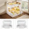 A white bunk bed with a slide, set up in a room with wooden floors and a large window. Produktbild-Vorschau