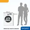 A washing machine is shown next to silhouettes of two people, with dimensions indicated. The brand logo and a slogan are at the bottom. Produktbild-Vorschau