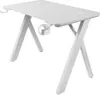 A white gaming desk with an X-shaped leg design, a cup holder, and a headset hook. Produktbild-Vorschau