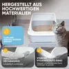 A cat is sitting next to an open litter box, with close-up views of its features. Produktbild-Vorschau