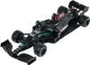 A black Mercedes-AMG F1 W11 EQ Performance model car with teal accents and the number 44 is shown from a diagonal, slightly elevated angle against a white background. The front wing appears detached. Produktbild-Vorschau