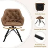 A collage of images showing a brown swivel chair with black metal legs, highlighting its features. Produktbild-Vorschau