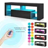 A collage showing a black TV stand with RGB lighting, a remote control, and various color options for the lighting. Voir les images du produit