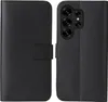 A black flip case for a smartphone is shown, with the front cover open to reveal the phone's camera array. Produktbild-Vorschau