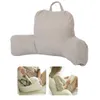 A collage showing a light gray backrest pillow with armrests, and two smaller images of people using similar pillows while reading. Podgląd zdjęcia produktu