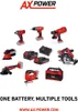 A collage of various power tools and batteries from the AX-Power brand, with the brand logo and slogan at the top and bottom. Produktbild-Vorschau