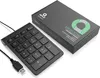 A black USB numeric keypad and its packaging are shown against a white background. Voir les images du produit