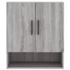 A front view of a gray wood-grain cabinet with two doors and an open shelf below. Produktbild-Vorschau