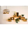 A modern living room wall decorated with wooden crates displaying plants and decorative items, with a stylish pendant lamp hanging above. Anteprima dell’immagine prodotto