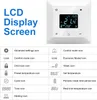 A white thermostat with a digital display and a table of icons and their descriptions. Produktbild-Vorschau