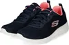 A pair of navy blue Skechers sneakers with pink accents and a white sole, shown against a white background. Produktbild-Vorschau