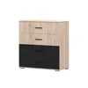 A product shot of a dresser with a wood-grain finish and black drawers, isolated on a white background. Voir les images du produit