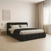 A bedroom scene with a bed, nightstand, and curtains. Produktbild-Vorschau
